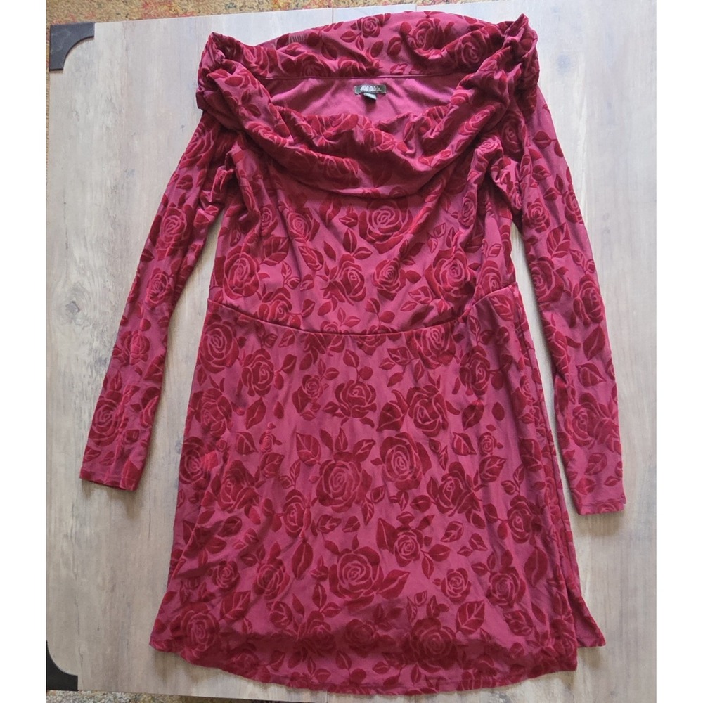 Wild Fable Red Roses Velvet Cowl Neck Long Sleeve Mid Dress Women L Valentine's